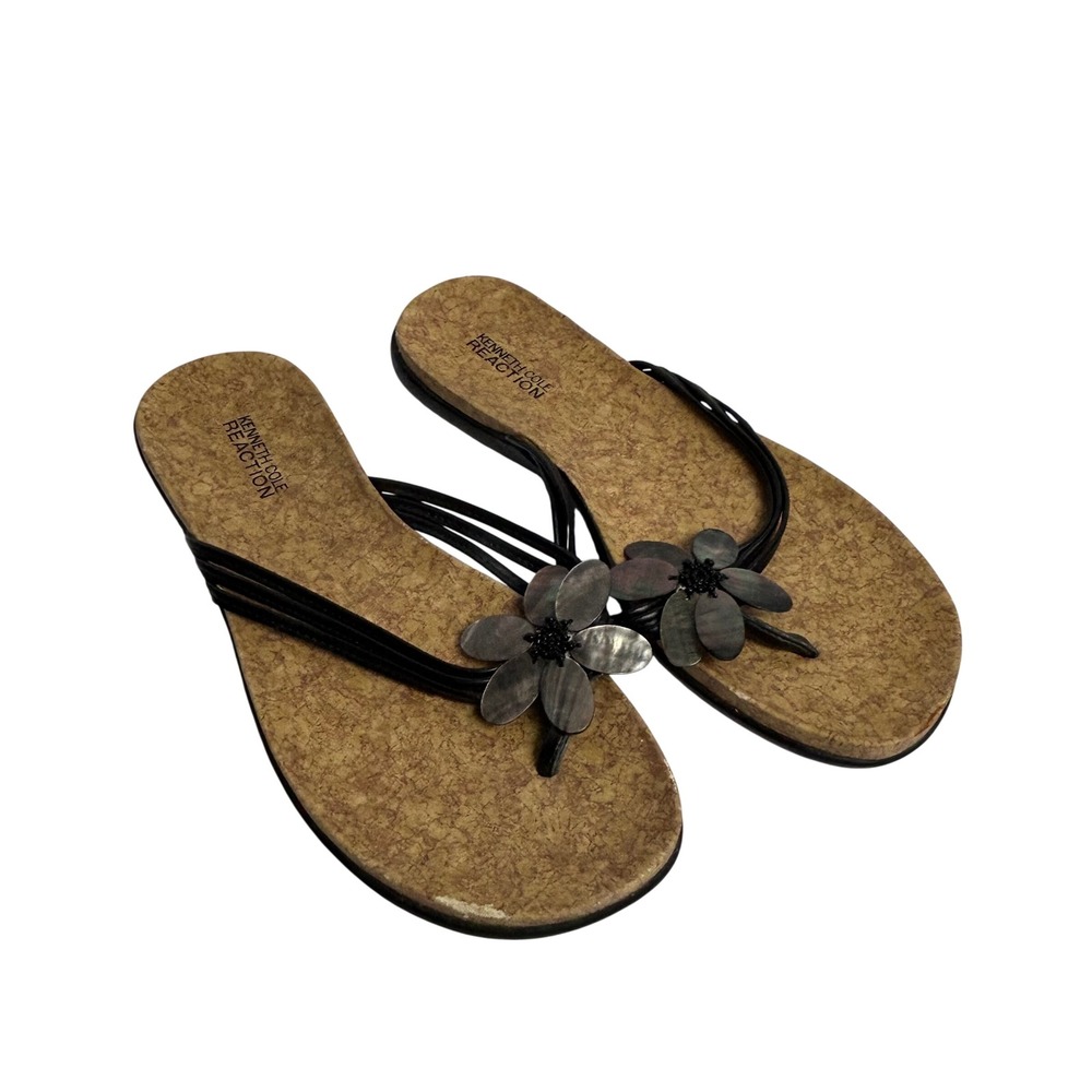 Kenneth Cole Reaction Black Floral Shell Strappy Cork Thong Sandals 8.5